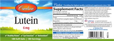 Photo of the Carlson Lutein 6 mg label