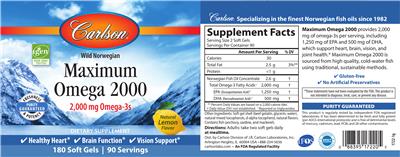 Photo of the Carlson Maximum Omega 2000 Natural Lemon Flavor label
