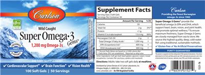 Photo of the Carlson Super Omega-3 Gems 1,200 mg label