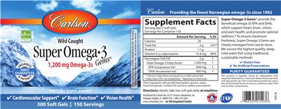 Photo of the Carlson Super Omega-3 Gems 1,200 mg label