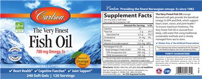 Photo of the Carlson The Very Finest Fish Oil Natural Orange Flavor label