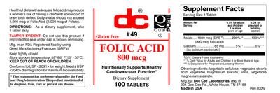 Photo of the DC Folic Acid 800 mcg label