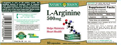 Photo of the Nature's Bounty L-Arginine 500 mg label