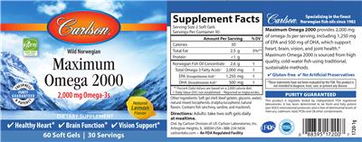 Photo of the Carlson Maximum Omega 2000 Natural Lemon Flavor label