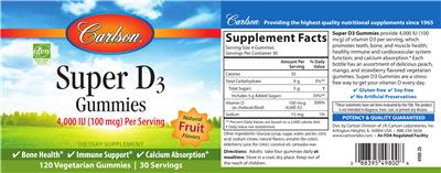 Photo of the Carlson Super D3 Gummies 4,000 IU (100 mcg) Natural Fruit Flavors label
