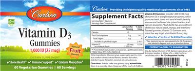 Photo of the Carlson Vitamin D3 Gummies 1,000 IU (25 mcg) Natural Fruit Flavors label
