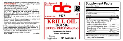Photo of the DC Krill Oil 1000 mg Ultra Red Omega-3 label