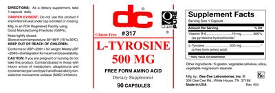 Photo of the DC L-Tyrosine 500 mg label