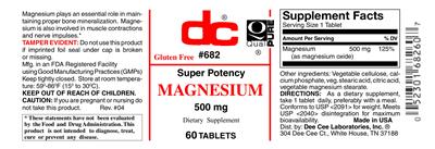 Photo of the DC Magnesium 500 mg label