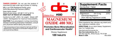 Photo of the DC Magnesium Oxide 400 mg label