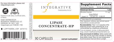 Photo of the Integrative Therapeutics Lipase Concentrate-HP label