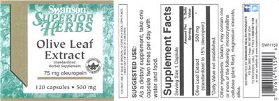 Photo of the Swanson Superior Herbs Olive Leaf Extract 500 mg label