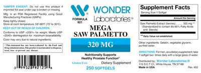 Photo of the Wonder Laboratories Mega Saw Palmetto 320 mg label