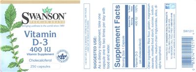 Photo of the Swanson Premium Brand Vitamin D-3 400 IU label