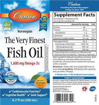 Photo of the Carlson The Very Finest Fish Oil Natural Orange Flavor label