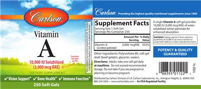 Photo of the Carlson Vitamin A 10,000 IU Solubilized (3,000 mcg RAE) label