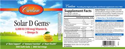 Photo of the Carlson Solar D Gems 6,000 IU (150 mcg) Natural Lemon Flavor label