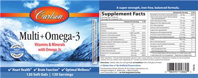 Photo of the Carlson Multi + Omega-3 label