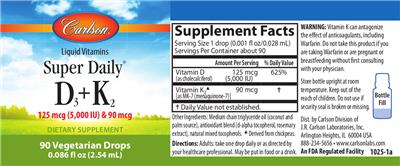 Photo of the Carlson Super Daily D3 125 mcg (5,000 IU) & K2 90 mcg label