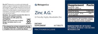 Photo of the Metagenics Zinc A.G. label