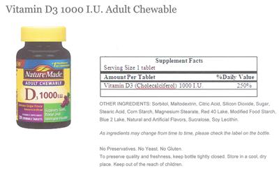 Photo of the Nature Made Adult Chewable D3 1000 IU Grape Flavor label