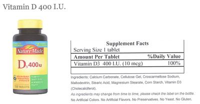 Photo of the Nature Made D3 400 IU label