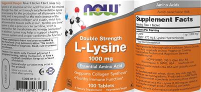 Photo of the NOW Double Strength L-Lysine 1000 mg label