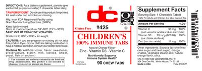 Photo of the DC Children's 100% Immune Tabs Natural Orange Flavor label
