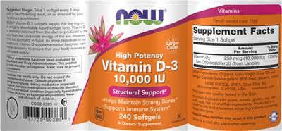 Photo of the NOW Vitamin D-3 10,000 IU label