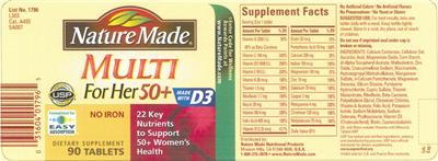 Photo of the Nature Made Multi For Her 50+ No Iron label