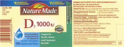 Photo of the Nature Made D3 1000 IU label