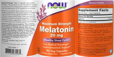 Photo of the NOW Melatonin 20 mg label