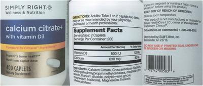 Photo of the Simply Right Calcium Citrate+ with Vitamin D3 label