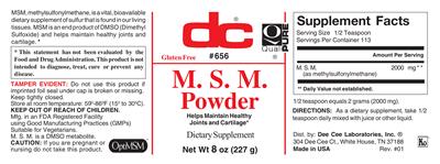 Photo of the DC M.S.M. Powder label