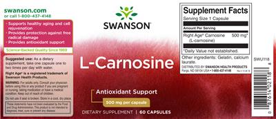 Photo of the Swanson L-Carnosine 500 mg label