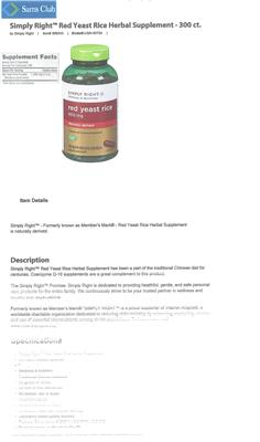 Photo of the Simply Right Red Yeast Rice 600 mg label