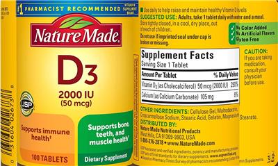 Photo of the Nature Made D3 2000 IU (50 mcg) label