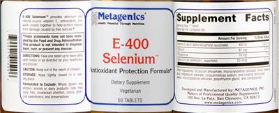 Photo of the Metagenics E-400 Selenium label