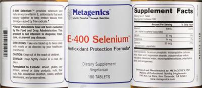 Photo of the Metagenics E-400 Selenium label