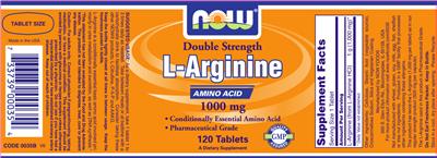 Photo of the NOW Double Strength L-Arginine 1000 mg label