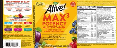 Photo of the Nature's Way Alive! Max3 Potency Multivitamin label