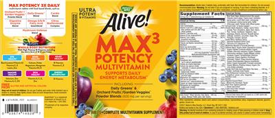 Photo of the Nature's Way Alive! Max3 Potency Multivitamin label