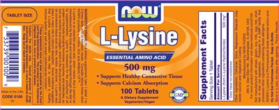 Photo of the NOW L-Lysine 500 mg label