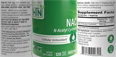 Photo of the Health Thru Nutrition NAC 600 mg label