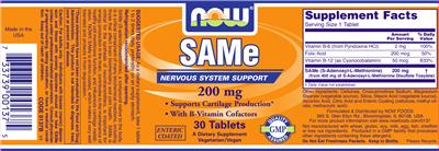 Photo of the NOW SAMe 200 mg label