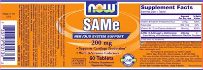 Photo of the NOW SAMe 200 mg label