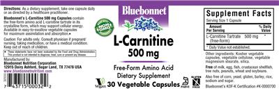Photo of the Bluebonnet L-Carnitine 500 mg label