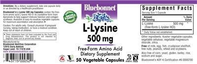 Photo of the Bluebonnet L-Lysine 500 mg label