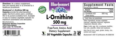 Photo of the Bluebonnet L-Ornithine 500 mg label