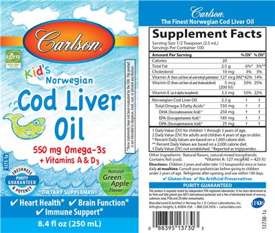 Photo of the Carlson Kid's Norwegian Cod Liver Oil Natural Green Apple Flavor label